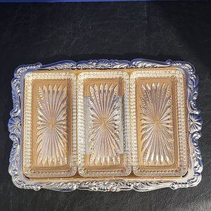 Irvineware 3 Dish Relish Tray Ensemble 1976 Inbox, 3 Glass Inserts, Scallop Silv